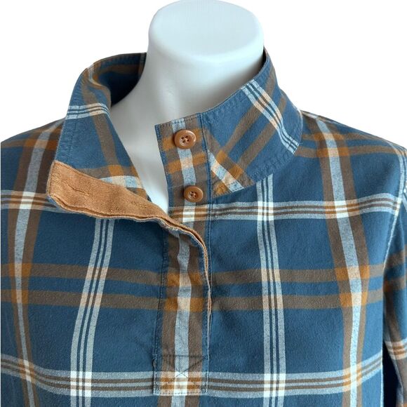 LL Bean Flannel Top Green Plaid Pullover Heritage High Neck Button Pockets Sz M - Picture 9 of 16